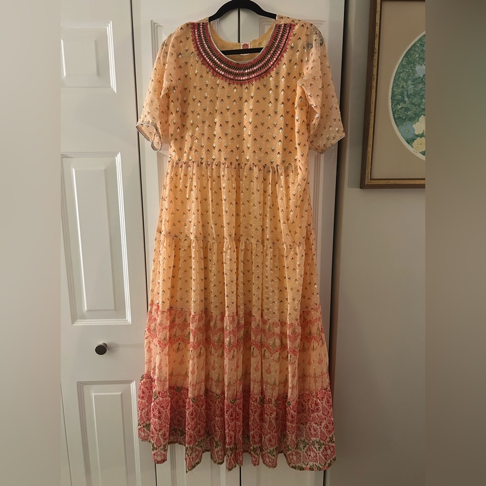 Gayatri Art Women's Sz L Peach Maxi Dress W/ Beading and Embroidery Detail